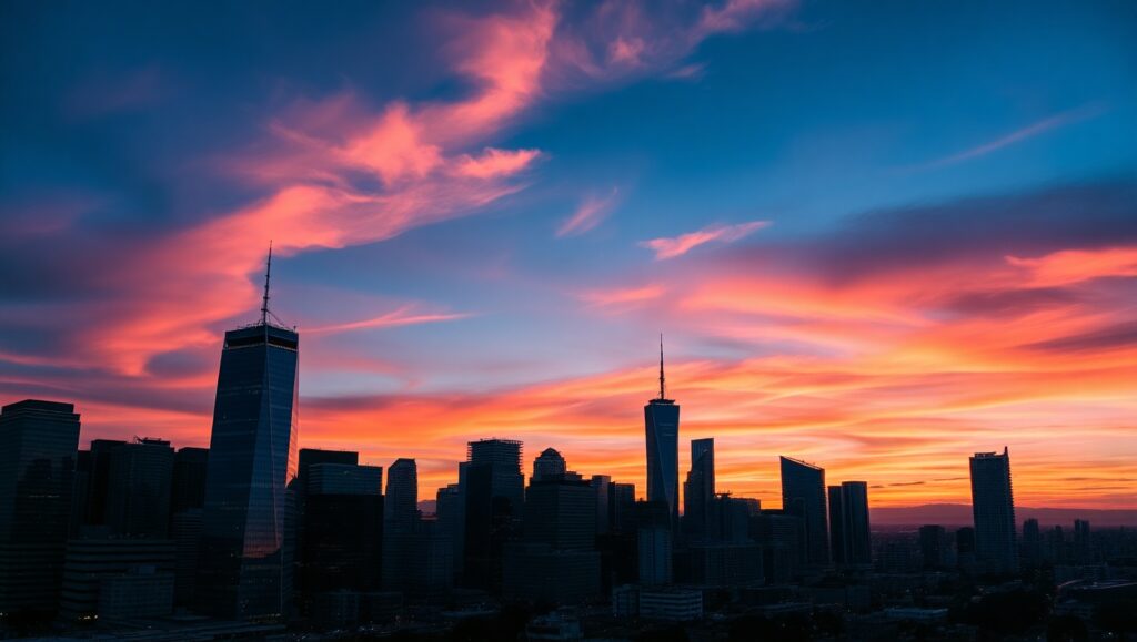 Dusk Cityscape in Duotone Shades – free AI stock image