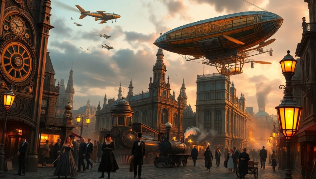 Dusk in a Steampunk City 0pm – free AI stock image