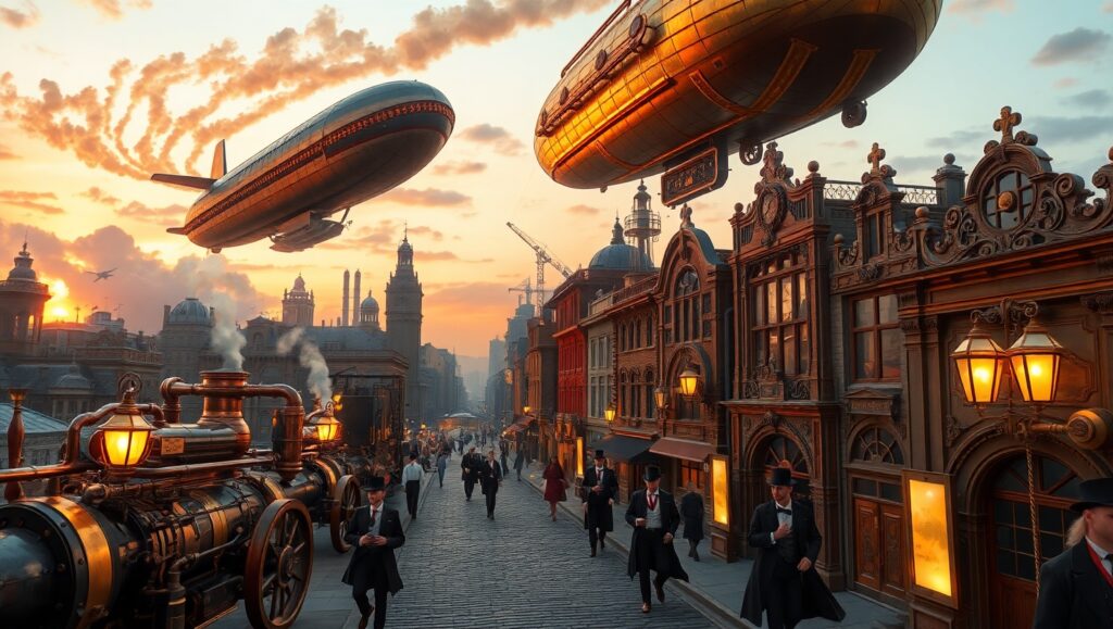 Dusk in a Steampunk City – free AI stock image
