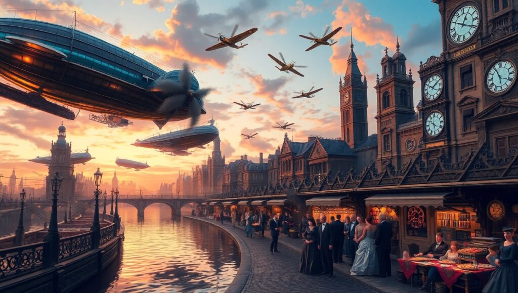 Dusk in a Steampunk City – free AI stock image