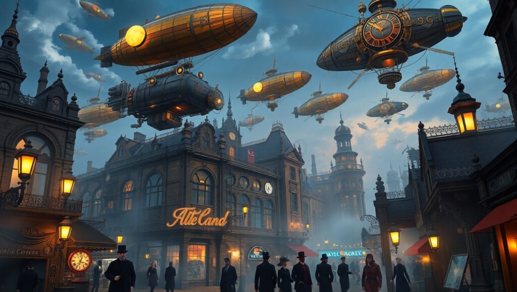 Dusk in a Steampunk City – free AI stock image
