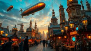 Dusk in a Steampunk City – free AI stock image