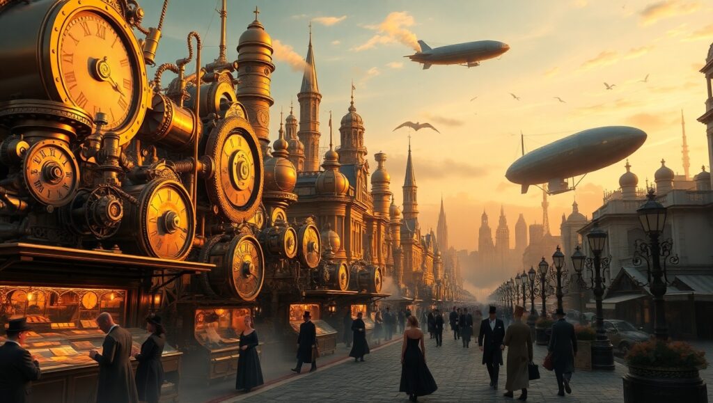 Dusk in a Steampunk City – free AI stock image