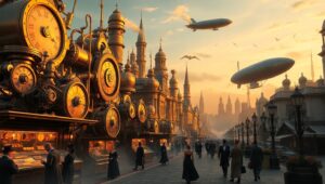 Dusk in a Steampunk City – free AI stock image