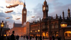 Dusk in a Steampunk City – free AI stock image