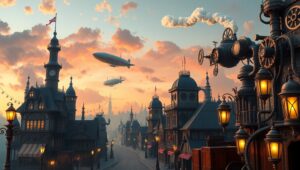 Dusk in a Steampunk Cityscape – free AI stock image