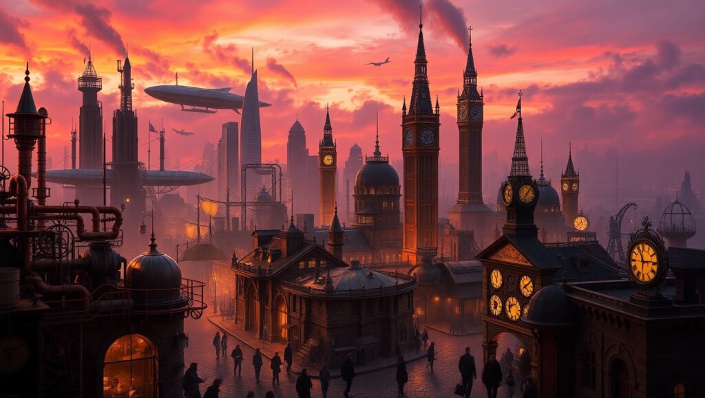 Dusk in a Steampunk Cityscape B1A – free AI stock image