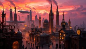 Dusk in a Steampunk Cityscape B1A – free AI stock image