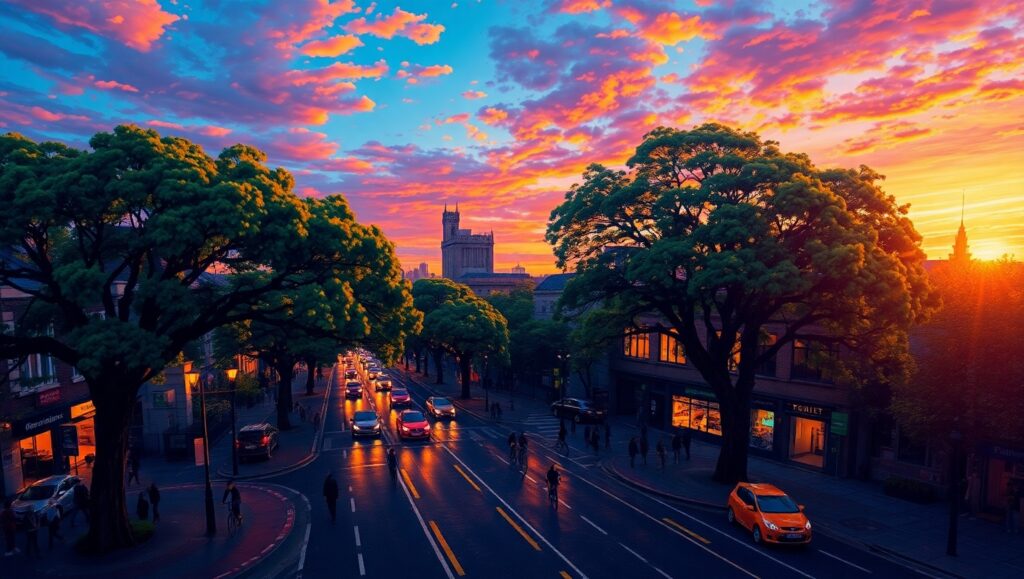 Dusk in a Vibrant Cityscape – free AI stock image