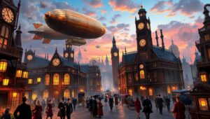 Dusk in the Steampunk City – free AI stock image