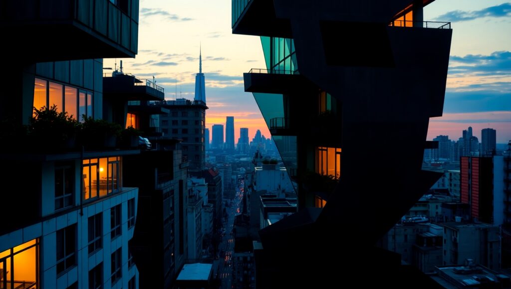 Dusk Over Cubist Cityscape – free AI stock image