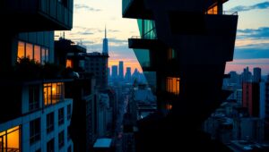 Dusk Over Cubist Cityscape – free AI stock image