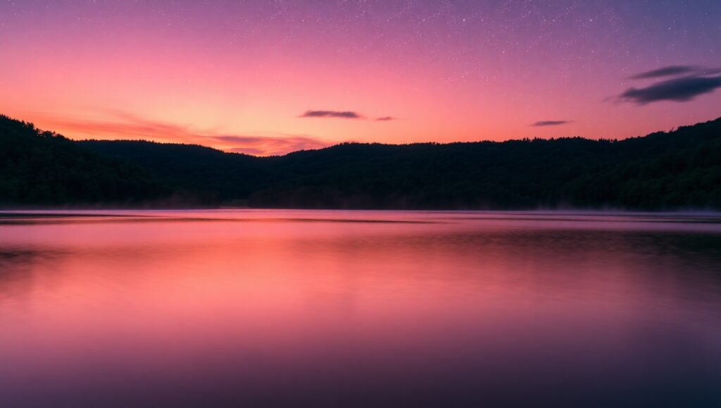 Dusk Reflections and Star Trails – free AI stock image