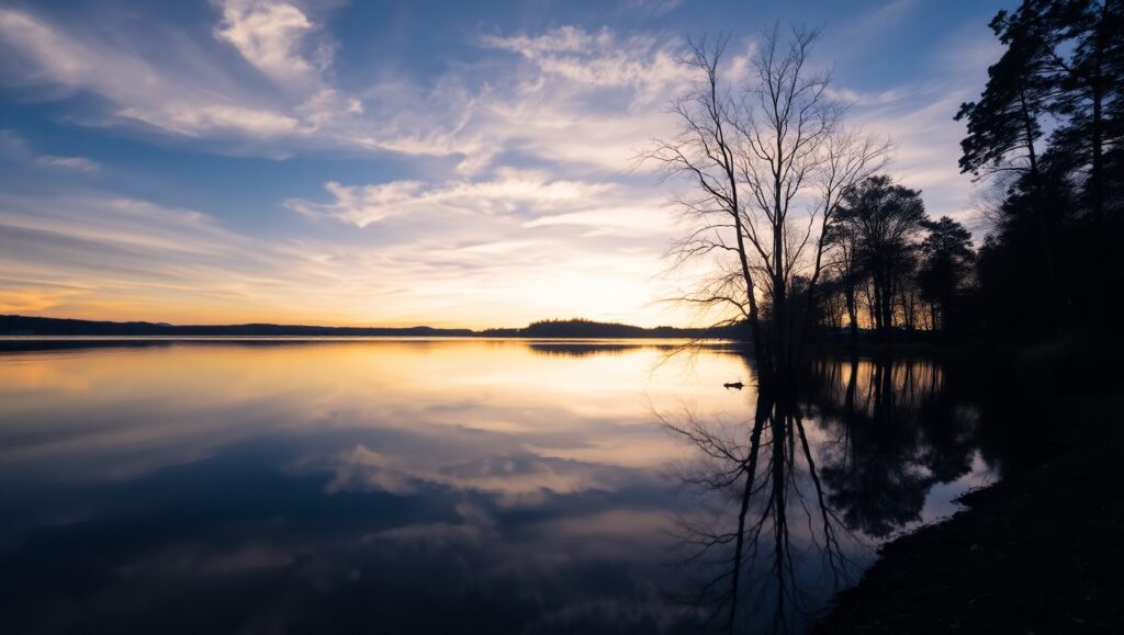 Dusk Reflections at Serene Lake – free AI stock image