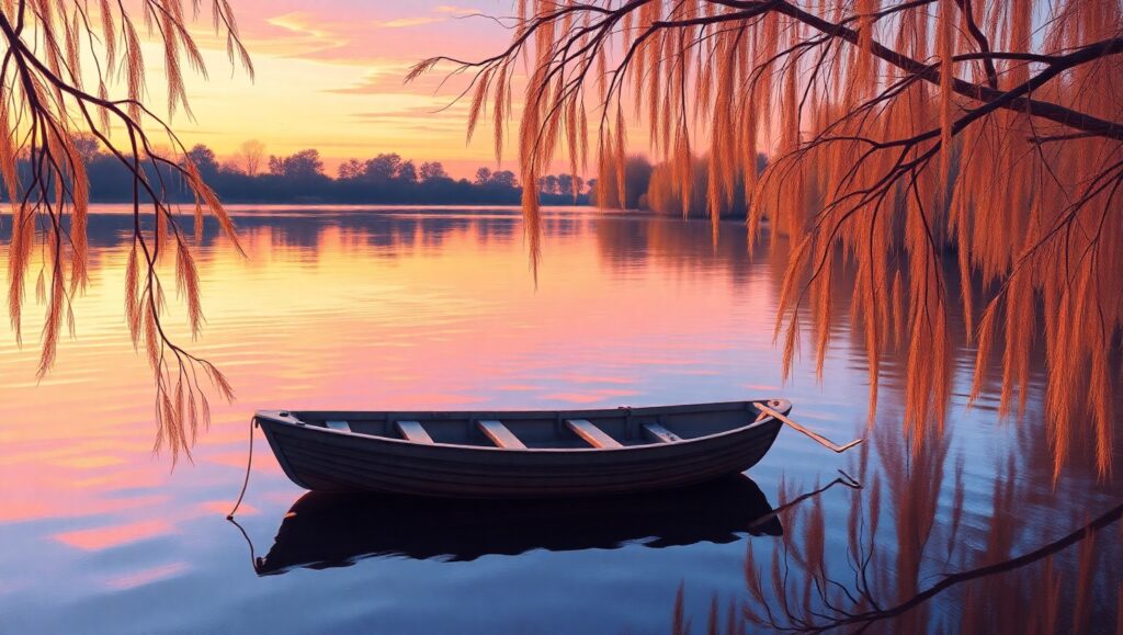 Dusk Reflections on a Peaceful Lake – free AI stock image