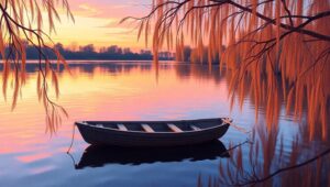 Dusk Reflections on a Peaceful Lake – free AI stock image