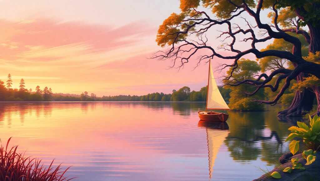 Dusk Reflections on the Lake – free AI stock image