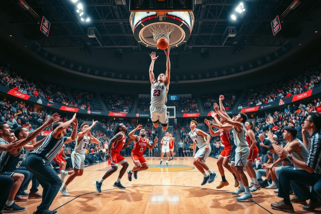 Dynamic Action in a Basketball Game – free AI stock image