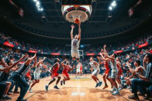 Dynamic Action in a Basketball Game – free AI stock image