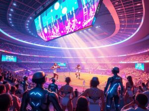 Dynamic Action in a Futuristic Sports Arena – free AI stock image