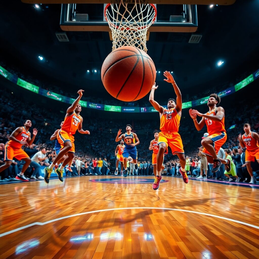 Dynamic Action Shot of Basketball Gameplay – free AI stock image