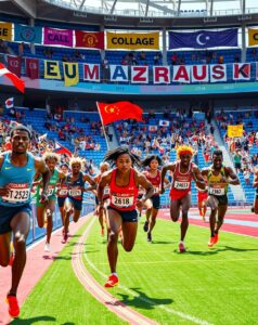 Dynamic Athletes Compete in Vibrant Stadium – free AI stock image