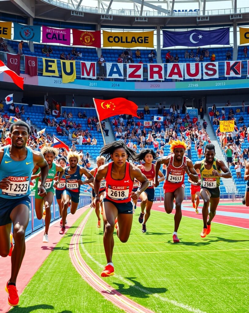 Dynamic Athletes Compete in Vibrant Stadium – free AI stock image