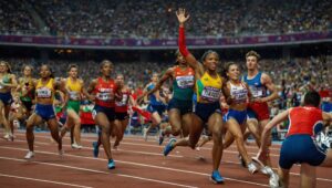 Dynamic Athletes Competing in a Vibrant Stadium – free AI stock image