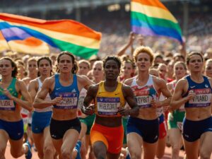 Dynamic Athletes Competing in Vibrant Stadium – free AI stock image