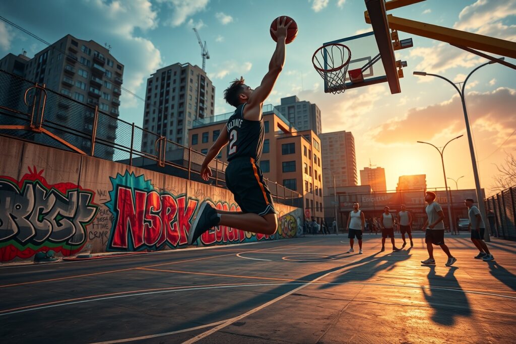 Dynamic Basketball Action in Urban Court – free AI stock image