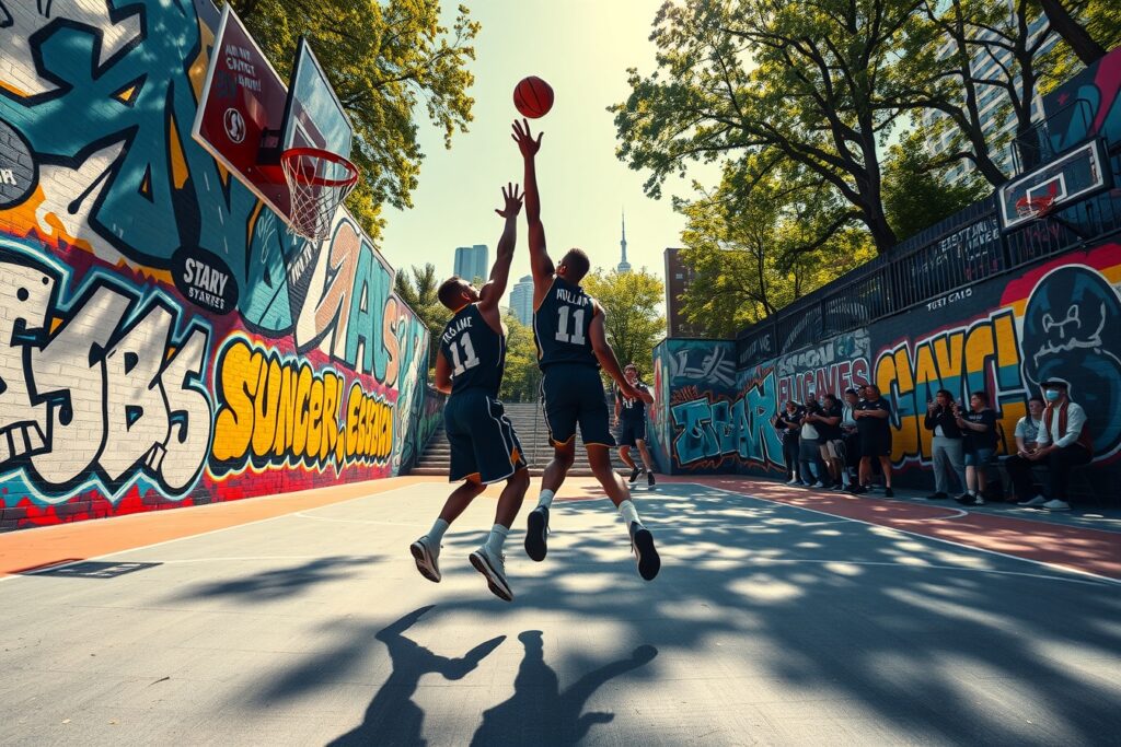 Dynamic Basketball Action on Urban Court – free AI stock image
