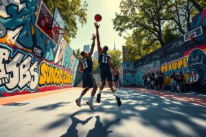 Dynamic Basketball Action on Urban Court – free AI stock image