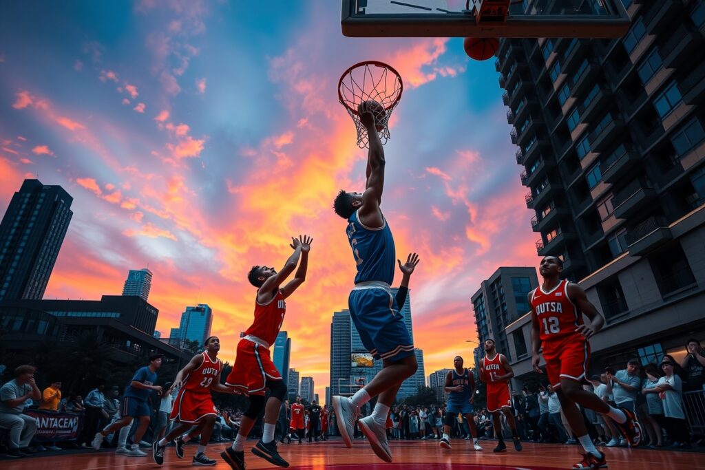 Dynamic Basketball Game at Dusk – free AI stock image