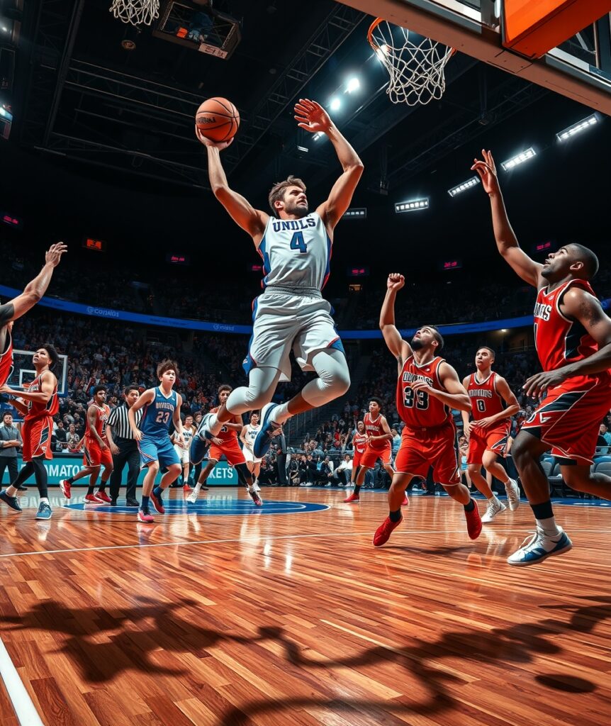 Dynamic Basketball Game in Full Action – free AI stock image