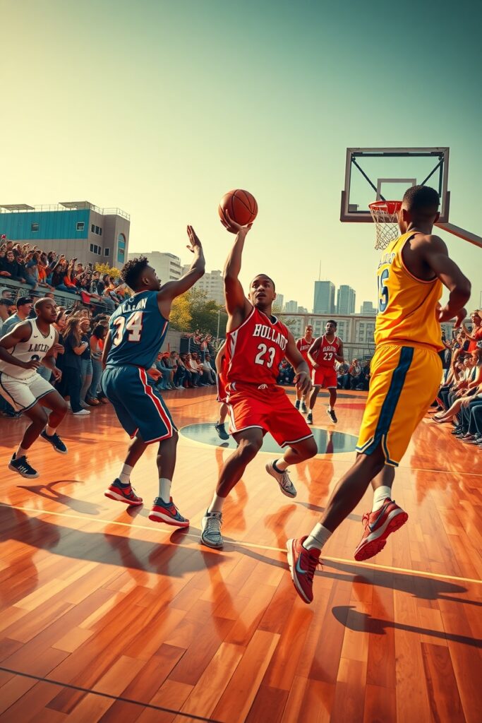 Dynamic Basketball Game on a Bright Court – free AI stock image
