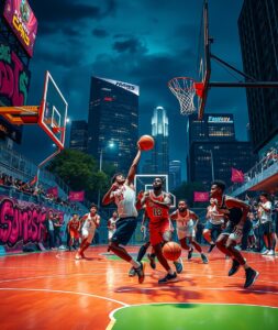 Dynamic Basketball Game Under Bright Lights – free AI stock image