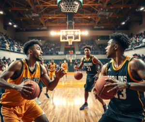 Dynamic Basketball Game Under Bright Lights – free AI stock image