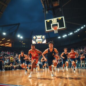 Dynamic Basketball Game Under Bright Lights – free AI stock image