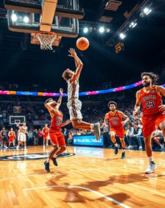 Dynamic Basketball Game Under Bright Lights – free AI stock image