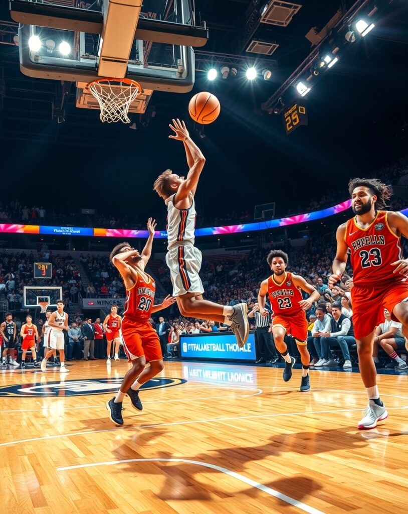 Dynamic Basketball Game Under Bright Lights – free AI stock image