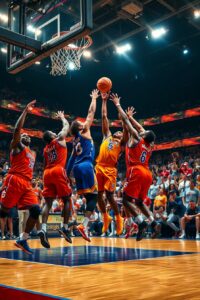Dynamic Basketball Game Under Bright Lights – free AI stock image