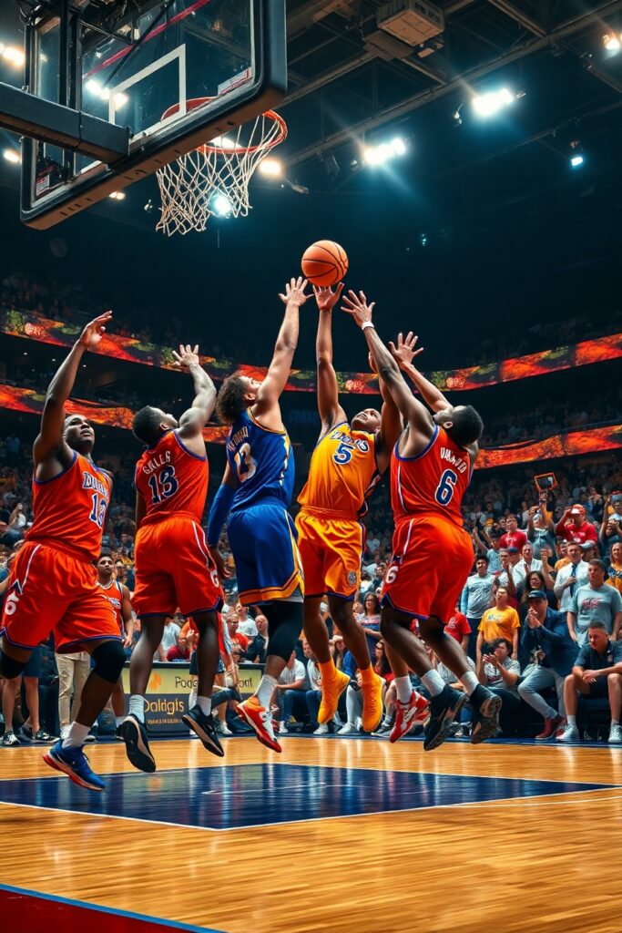 Dynamic Basketball Game Under Bright Lights – free AI stock image