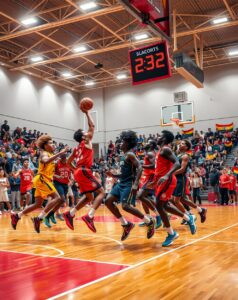 Dynamic Basketball Game Under Bright Lights – free AI stock image