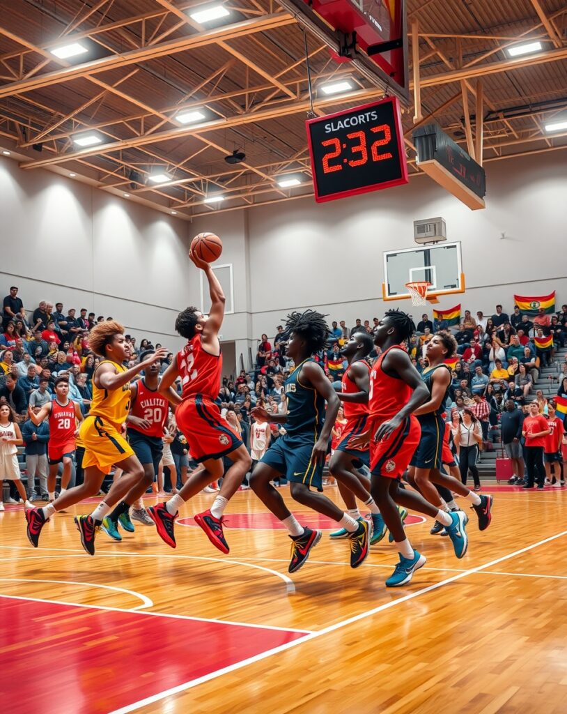 Dynamic Basketball Game Under Bright Lights – free AI stock image
