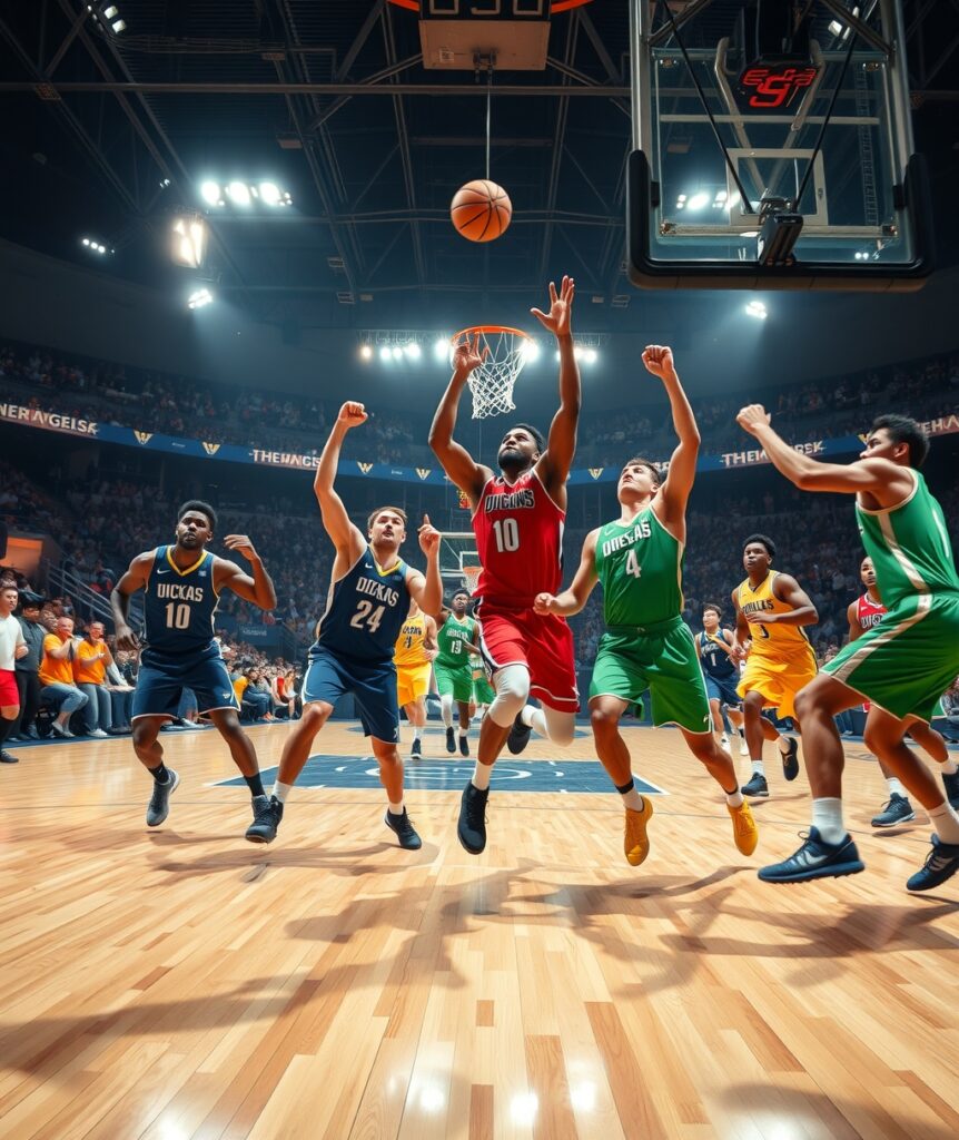 Dynamic Basketball Game Under Bright Lights – free AI stock image
