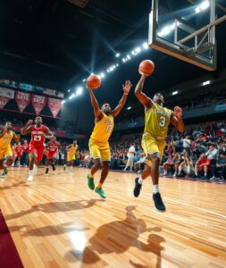 Dynamic Basketball Game Under Floodlights – free AI stock image