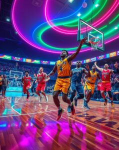 Dynamic Basketball Game Under Neon Lights – free AI stock image