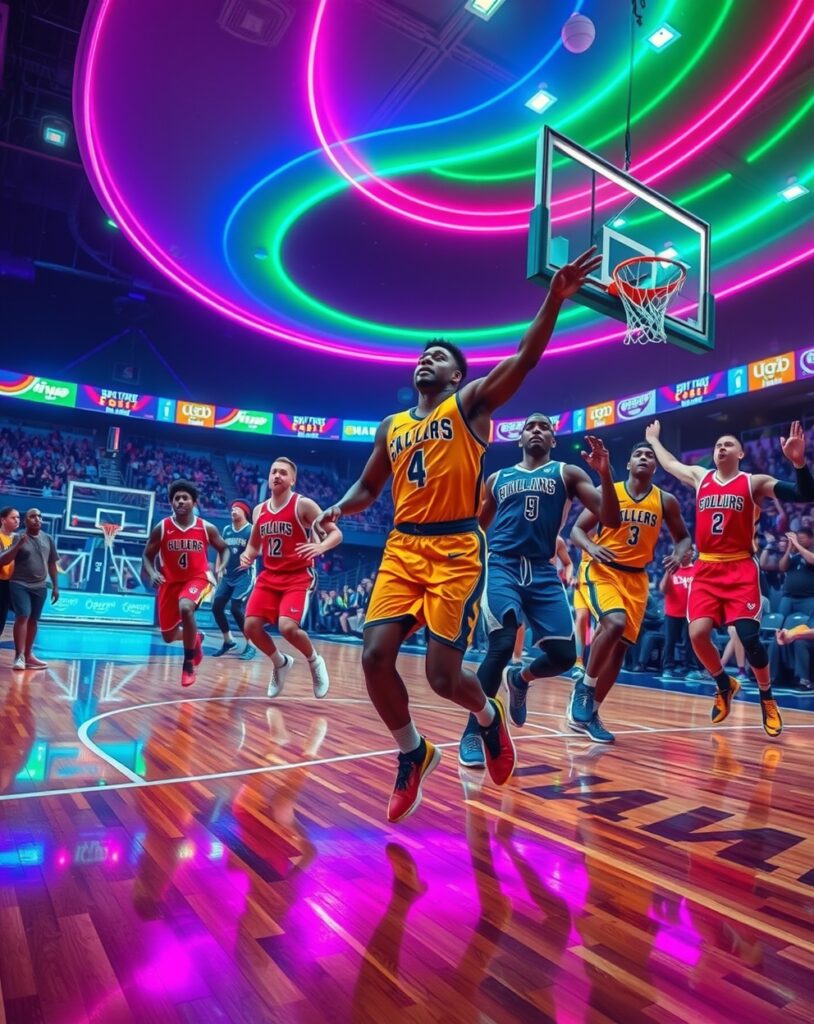 Dynamic Basketball Game Under Neon Lights – free AI stock image