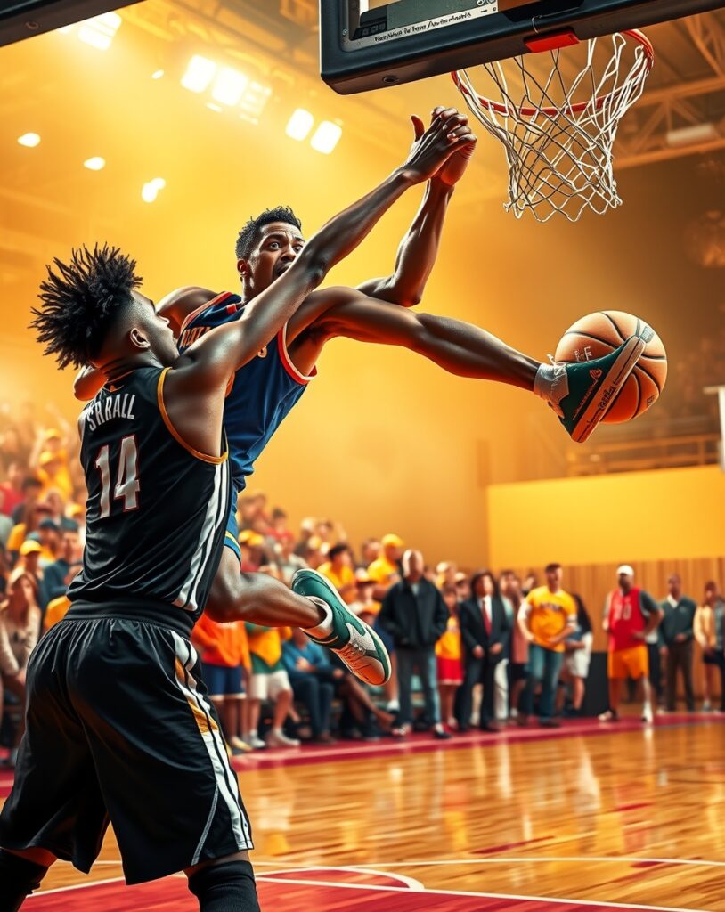 Dynamic Basketball Game with Intense Action – free AI stock image