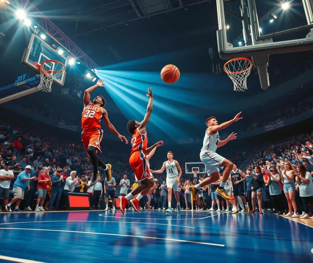 Dynamic Basketball Match Under Bright Arena Lights – free AI stock image
